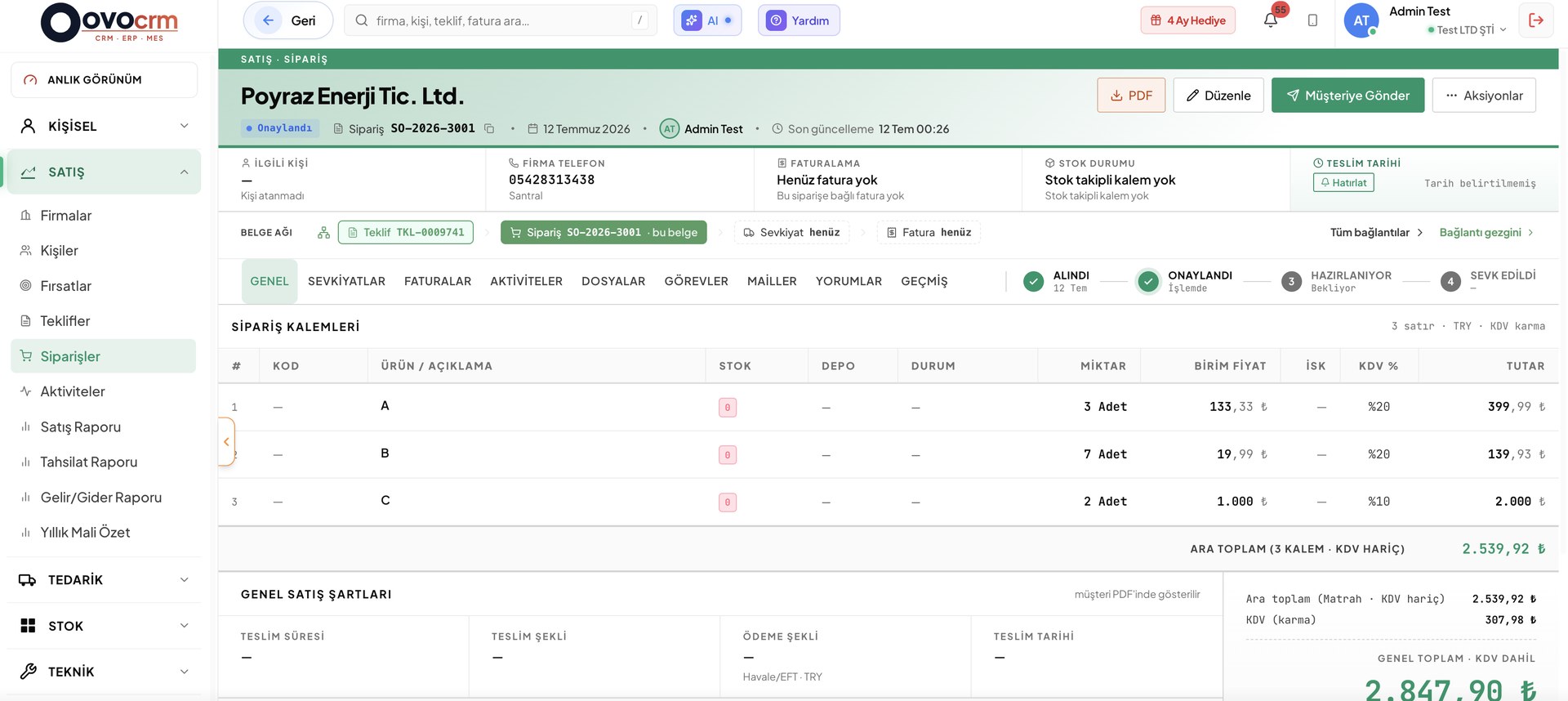 OvoCRM sipariş detayı ve teklif → sipariş → sevkiyat → fatura belge ağı zinciri